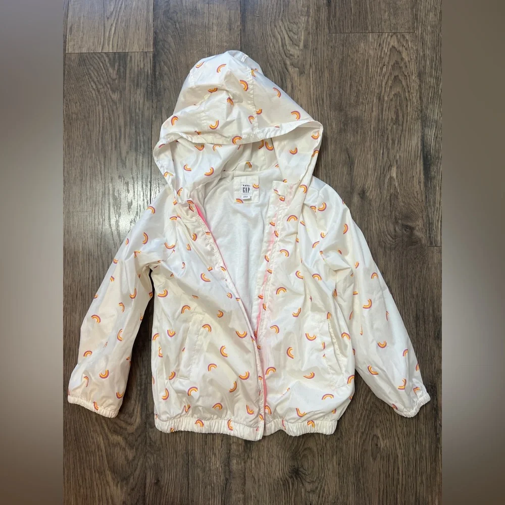 GAP Baby White Hooded Rain Jacket with Pink-Trim Rainbow Print